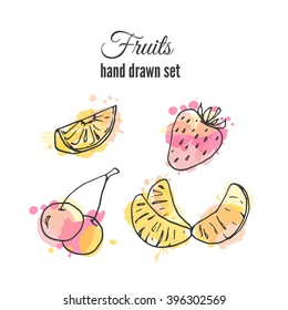 Vector fruit illustration. Set of hand drawn fresh fruits with colorful watercolor splashes. Sketch of berries. 