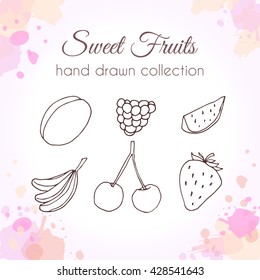 Vector fruit illustration. Set of hand drawn fresh fruits with colorful watercolor splashes.