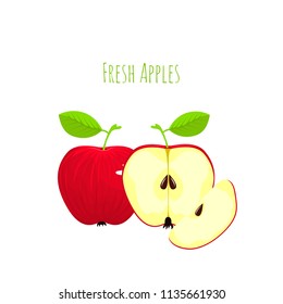 Vector fruit illustration of whole and sliced red striped apples with text isolated on the white background.