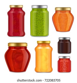 Vector fruit jam jar icon set. Delicious strawberry, peach, raspberry preserves, etc. Jam jar packaging collection. Glass jars with metal caps templates.