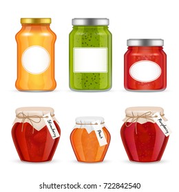 Vector fruit jam jar icon set. Delicious strawberry, peach, raspberry preserves, etc. Realistic jam jars decoration design. Glass jar with metal cap and kraft paper wrapped lid, twine collection.