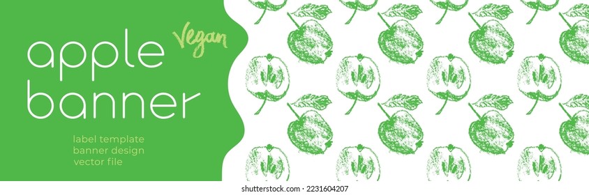 Vorlage für die Vektorfruchtkennzeichnung. Veganisches Obstbanner, reifer Apfelhintergrund. Zeichnungen von grünen Äpfeln Muster nahtlos. Babyverpackung, Saft-Tag-Design. Konfitüre aus biologischem Anbau, Süßwaren, Kosmetika.