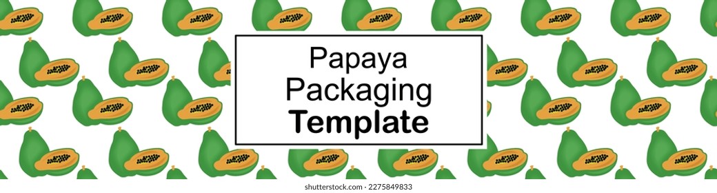 Vector fruit label template. Vegan fruit banner, ripe Papaya background.Banana pattern seamless. Baby food packaging, juice tag design. Organic jam, confectionery package, cosmetics.