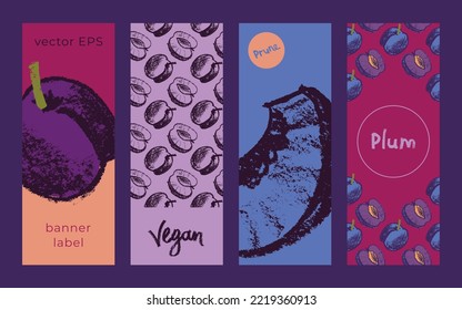 Plantillas de etiquetas de fruta vectorial para banner de fruta vegana, fondo de etiqueta de poda. Los dibujos de un patrón de ciruela no tienen fisuras. Embalaje de comida para bebés, diseño de placa de jugo. Mermelada orgánica, repostería, cosméticos.