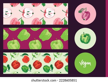Plantillas de etiquetas de fruta vectorial. Banner de fruta vegana, fondo de manzana roja. Los dibujos de manzanas verdes se hacen sin costura. Empaquetado de comida para bebés, diseño de etiquetas de jugo. Mermelada orgánica, repostería, cosméticos.