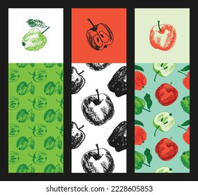 Vector fruit label templates. Vegan fruit banner, red apple background. Drawings of green apples pattern seamless. Baby food packaging, juice tag design. Organic jam, confectionery package, cosmetics.