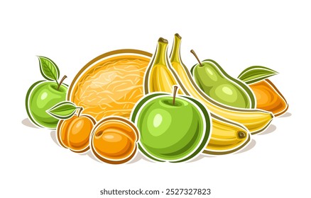 Vector Fruit Logo, decorative horizontal poster with outline illustration of juicy fruits composition with green leaves, cartoon design fruit print with many farmer diverse fruits on white background