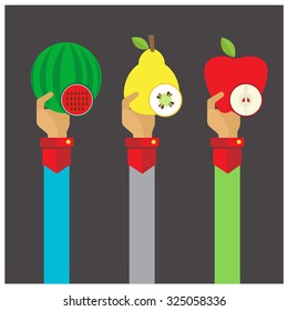 vector fruit Melons, apples, pears icon hand and arm long