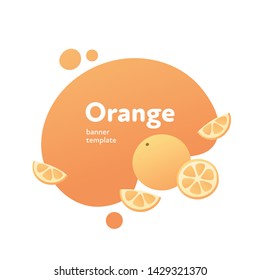 Vector fruit modern fluid banner. Colorful juicy oranges with slices on splash shape frame isolated on white background. Design illustration for web eco poster, veggy menu, backdrop, poster, card