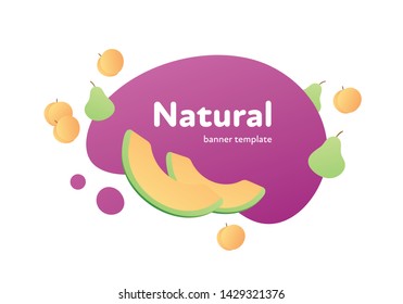 Vector fruit modern fluid banner. Colorful natural gradient fruits on purple splash shape frame isolated on white background. Design illustration for web eco poster, veggy menu, backdrop, poster, card