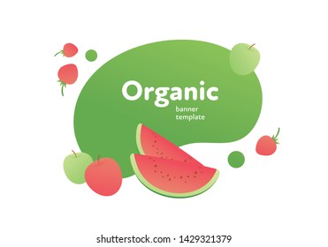 Vector fruit modern fluid banner. Colorful orgainic gradient fruits on green splash shape frame isolated on white background. Design illustration for web eco poster, veggy menu, backdrop, poster, card