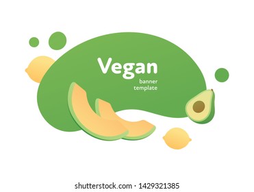 Vector fruit modern fluid banner. Colorful vegan gradient fruits on green splash shape frame isolated on white background. Design illustration for web, eco poster, menu, backdrop, poster, card