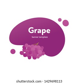 Vector fruit modern fluid banner. Colorful organic purple grapes on violet splash shape frame isolated on white background. Design illustration for web eco poster, veggy menu, backdrop, poster, card