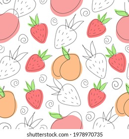 Vector fruit pattern with apple, strawberry, peach doodle style. Hand drawn summer seamless texture with abstract elements. Textile design for cards, wrapping paper, invitations and other 