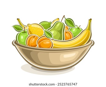 Vector Fruit Plate, decorative horizontal poster with outline illustration of juicy fruits composition, cartoon design print with many diverse fruits in earthenware plate on white background