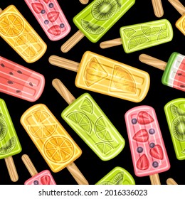 Vector Fruit Popsicle Seamless Pattern, square repeating fruit ice cream background for kids textile, poster with cut out illustrations of different cool fruity popsicles on sticks on black background