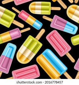 Vector Fruit Popsicle Seamless Pattern, square repeating fruit ice creams background for kids textile, poster with cut out illustrations of various cool fruity popsicles on sticks on black background.