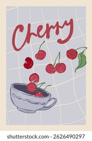 Vector fruit poster of cherry, leaves and cup. Hand-drawn garden harvest sketch. Tasty food illustration for restaurant and cafe interior, fruit market drawing print, fabric or background.