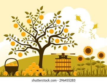 vector fruit press, basket of apples and pile of apples in garden