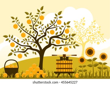vector fruit press, basket of apples and pile of apples in garden