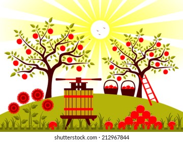 vector fruit press and baskets of apples in apple orchard