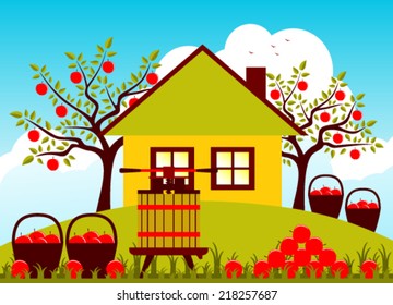 vector fruit press, baskets of apples and pile of apples in garden