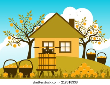 vector fruit press, baskets of apples and pile of apples in garden