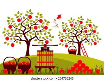 vector fruit press and baskets of apples in apple orchard