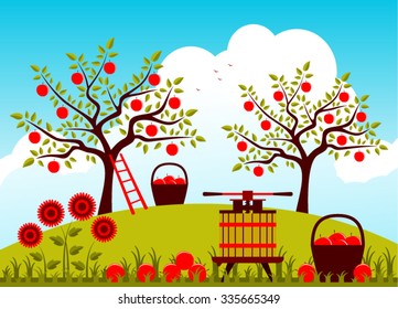 vector fruit press and baskets of apples in apple orchard