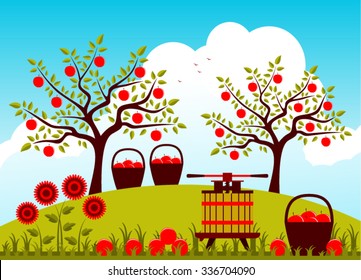 vector fruit press and baskets of apples in apple orchard