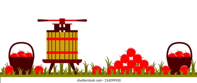 vector fruit press, baskets and pile of apples isolated on white background