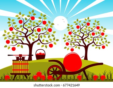 vector fruit press and hand barrow with one big apple in apple orchard