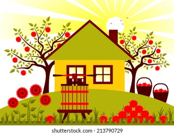 vector fruit press and pile of apples in garden
