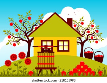 vector fruit press and pile of apples in garden