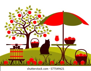 vector fruit press and table with umbrella in apple orchard
