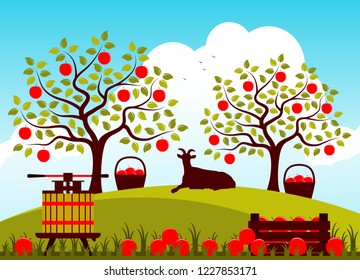 vector fruit press, wooden crate of apples and goat in apple orchard
