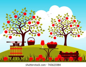 vector fruit press, wooden crate of apples and table with apple drink in apple orchard