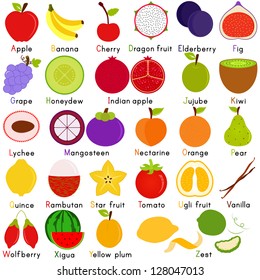 Vector of Fruit Representing Alphabet A to Z - Dictionary for Kids - Apple, banana, cherry, dragon, elderberry, fig, grape, honeydew, etc. Set of cute colorful icon collection isolated on white