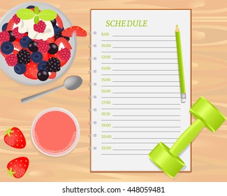 Vector fruit salad with fresh juice and weight top view with notebook with schedule on wood background. 