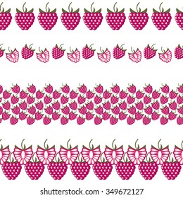 Vector fruit seamless line. Set of elements for design,  borders with raspberries, isolated on white background. 