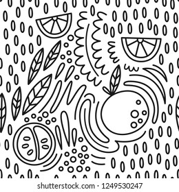 Vector fruit seamless pattern in Doodle style. Orange. Citrus