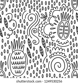 Vector fruit seamless pattern in Doodle style. Pineapple