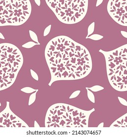 Vector fruit seamless pattern. Fig tree and leaves isolated on violet background. Modern botanical print for kitchen textile, wrapping paper, fabric, home decor, scrapbooking.