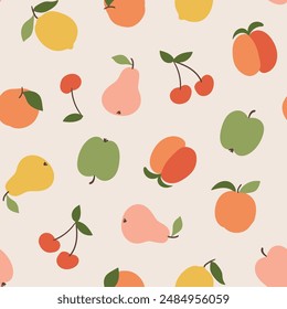 Patrón sin costuras de fruta de Vector en diseño plano. STylized frutos simples aislados sobre fondo claro. Diseño de estampado de alimentos brillantes para mantel de cocina o toalla de té. Ilustración de fruta