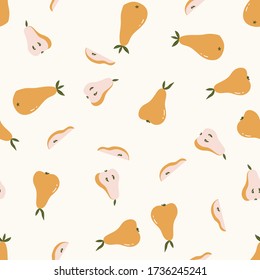 Vector fruit seamless pattern in hand-drawn style. Yellow pears design for home decor fabrics.