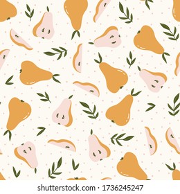 Vector fruit seamless pattern in hand-drawn style. Yellow pears design for home decor fabrics.