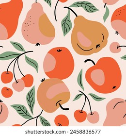 Vector fruit seamless pattern in hand-drawn style. Vector repeat background for colorful cherry, pears and apples. Autumn harvest illustration.