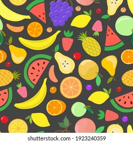 Vector fruit seamless pattern. Juicy watermelons, oranges, bananas, grapes, strawberries, pineapples, berries in style of carton, flat, hand draw. Delicious print for surface design, digital paper