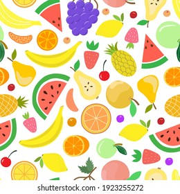 Vector fruit seamless pattern. Juicy watermelons, oranges, bananas, grapes, strawberries, pineapples, berries in style of carton, flat, hand draw. Delicious print for surface design, digital paper