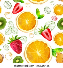 Vector Fruit seamless pattern mixture of orange,kiwi slices, strawberry, summer composition of fruits and vitamins, orange, red, green color of your fantasies! Watercolor handiwork.